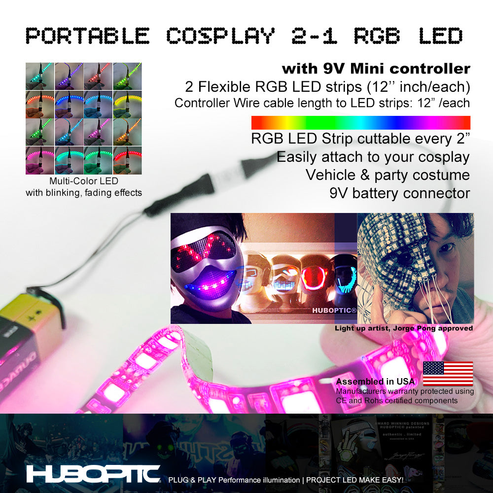 2 Cosplay lights Multicolor RGB 12" inch LED Strips Mini Controller - Blink Fade Flexible Cuttable every 2" portable string costume props light