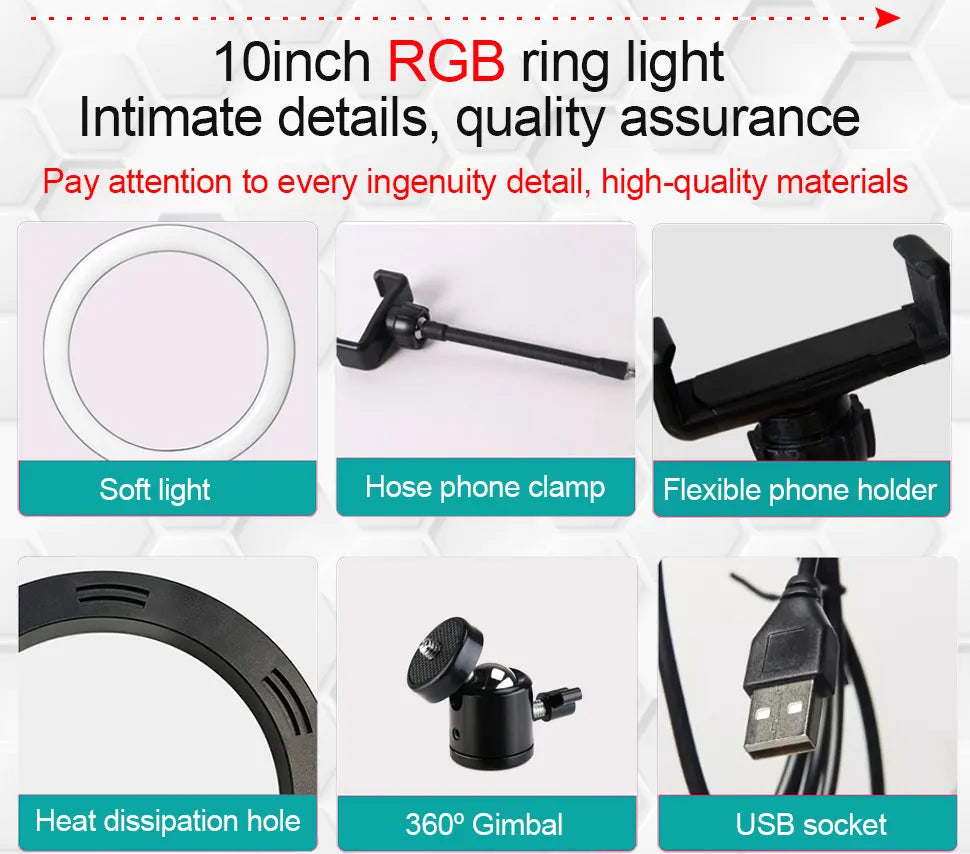 10" RGB LED RingLight Tripod RGB 33 Colors Video Dimmable Ring Fill Light with Tripod Stand for Makeup TikTok Youtube Vlog Live