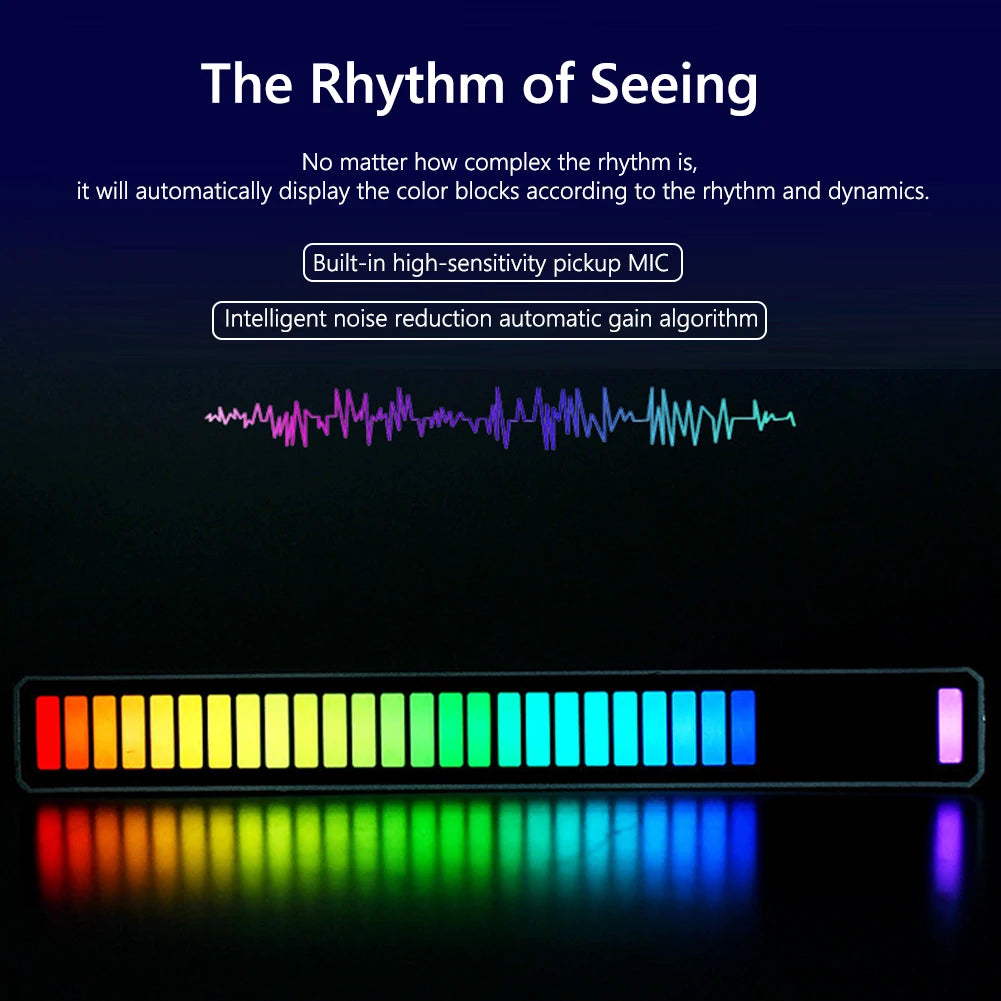 RGB Music Equalizer Sound Reactive Bar Music Sound Activated Rhythm Lamp Bar Sound Control LED Car Atmosphere Light Bar Colorful Music Ambient Light Up EQ