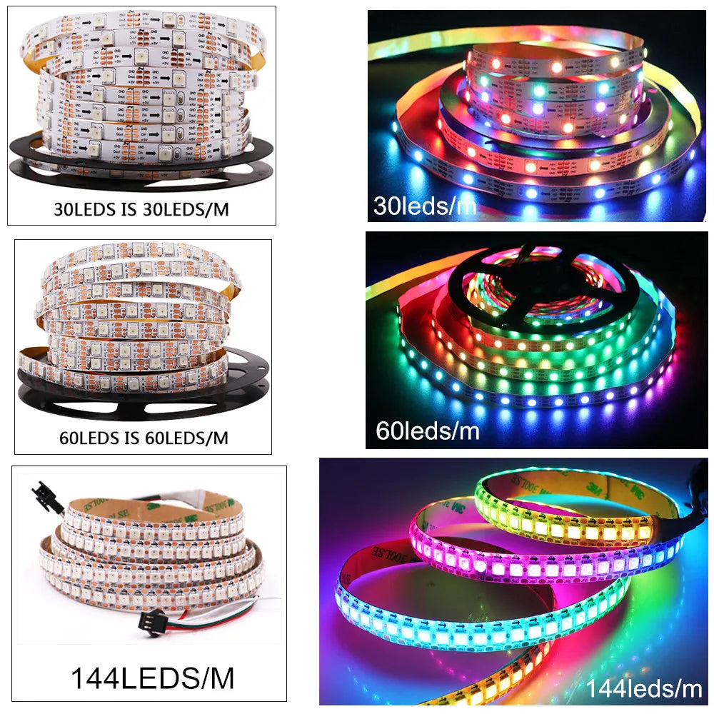 RGB LED Strips DC 5V WS2812B LED Strip Waterproof 30LEDs/m 60LEDs/m 144Leds/m 5050 Multicolor Flexible LED Light Lamp 1m 2m 3m 4m 5m