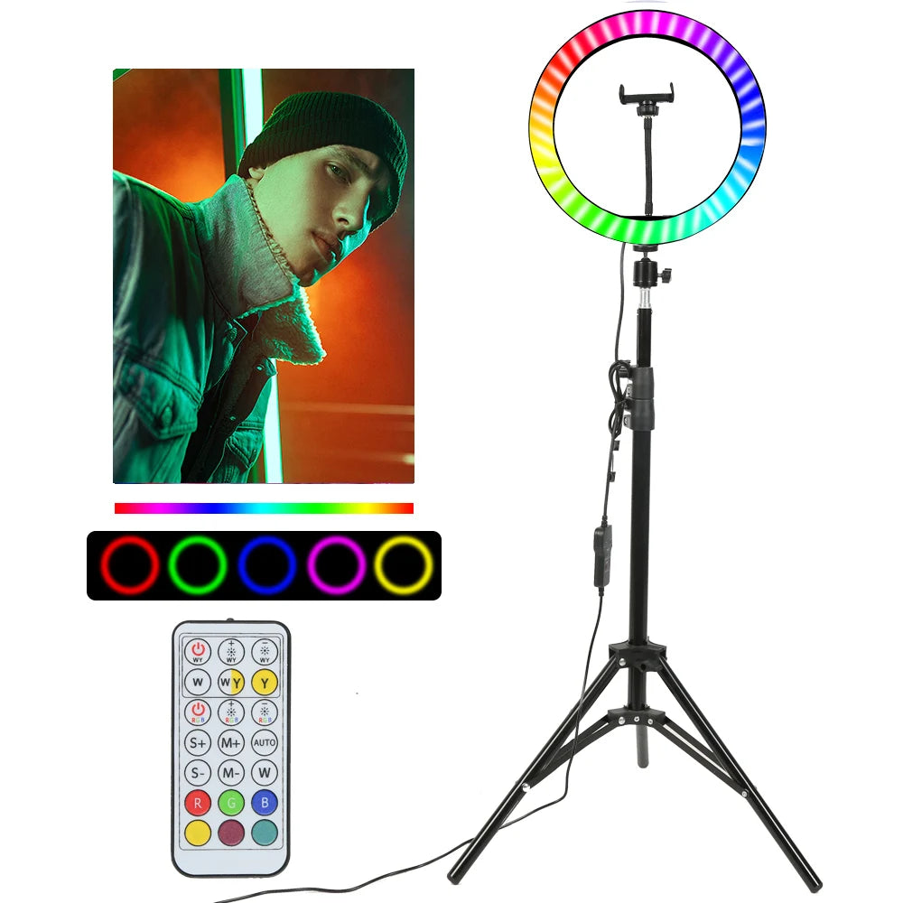 10" RGB LED RingLight Tripod RGB 33 Colors Video Dimmable Ring Fill Light with Tripod Stand for Makeup TikTok Youtube Vlog Live