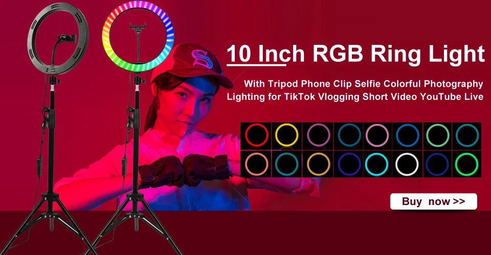 10" RGB LED RingLight Tripod RGB 33 Colors Video Dimmable Ring Fill Light with Tripod Stand for Makeup TikTok Youtube Vlog Live