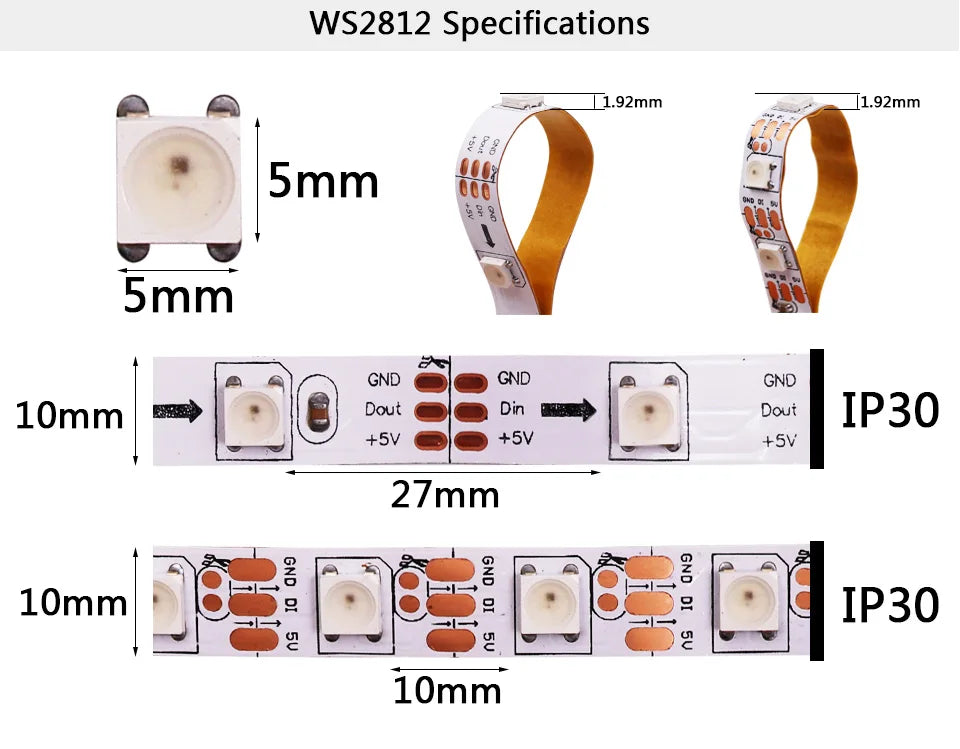 RGB LED Strips DC 5V WS2812B LED Strip Waterproof 30LEDs/m 60LEDs/m 144Leds/m 5050 Multicolor Flexible LED Light Lamp 1m 2m 3m 4m 5m