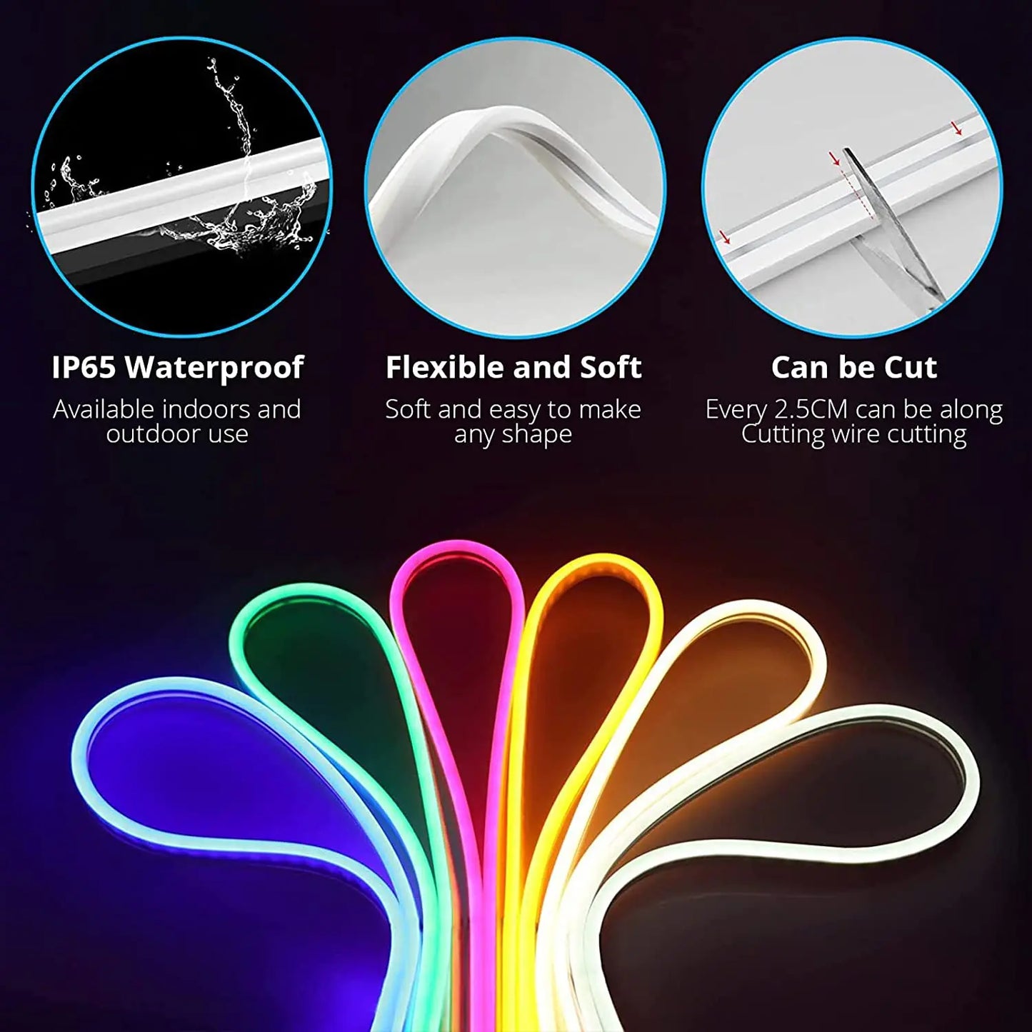 Neon LED Strip light Bendable Shape Lights RGB Smart WIFI LED Strip Light Compatible with Alexa, 12V 108leds/m Waterproof Music Sync DIY Tape Controlled by APP