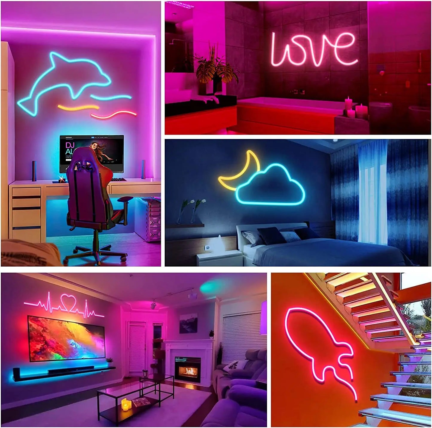 Neon LED Strip light Bendable Shape Lights RGB Smart WIFI LED Strip Light Compatible with Alexa, 12V 108leds/m Waterproof Music Sync DIY Tape Controlled by APP