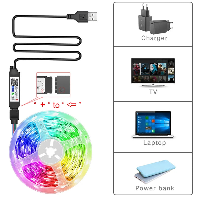 Decorative RGB LED Strip Light Self Adhesive 5050 RGB USB Flexible Lamp Cable Bluetooth APP Control Desk Screen TV Back Lighting