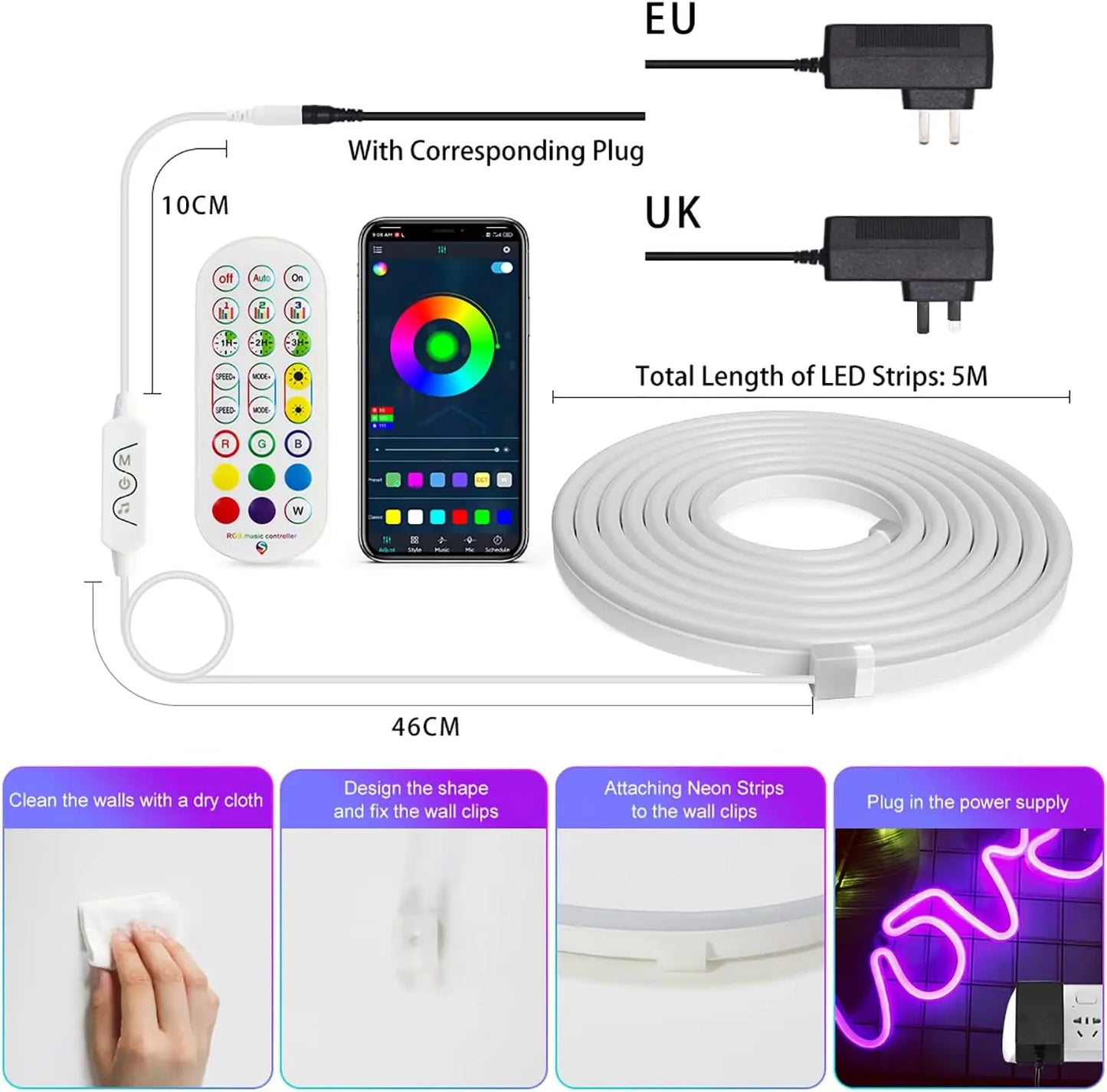 Neon LED Strip light Bendable Shape Lights RGB Smart WIFI LED Strip Light Compatible with Alexa, 12V 108leds/m Waterproof Music Sync DIY Tape Controlled by APP